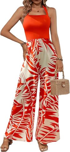 BARASA Women's Summer Leaf Print Hanging Neck Jumpsuit Vacation Beaches Backless Wide Leg Jumpsuit S631 in Saudi Arabia