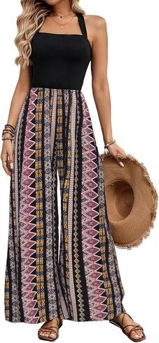 BARASA Women's Summer Leaf Print Hanging Neck Jumpsuit Vacation Beaches Backless Wide Leg Jumpsuit S631 in Saudi Arabia