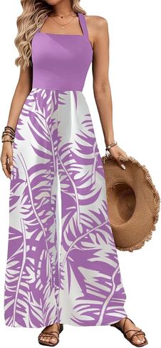 BARASA Women's Summer Leaf Print Hanging Neck Jumpsuit Vacation Beaches Backless Wide Leg Jumpsuit S631 in Saudi Arabia