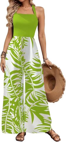 BARASA Women's Summer Leaf Print Hanging Neck Jumpsuit Vacation Beaches Backless Wide Leg Jumpsuit S631 in Saudi Arabia