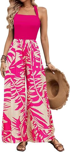 BARASA Women's Summer Leaf Print Hanging Neck Jumpsuit Vacation Beaches Backless Wide Leg Jumpsuit S631 in Saudi Arabia