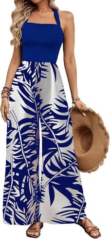 BARASA Women's Summer Leaf Print Hanging Neck Jumpsuit Vacation Beaches Backless Wide Leg Jumpsuit S631 in Saudi Arabia