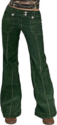 Flamingals Flare Leg Pants for Women Mid Rise Asymmetrical Waist Corduroy Stitch Detail Patched Pocket Bootcut Pants in Kuwait