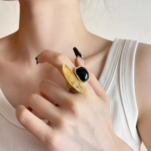 Asymmetry Black Agate Ring for Women Minimalist Open Wrap Thumb Band Gold-Tone Plated Adjustable Promise Rings Comfort Fit Wedding Fashion Unique Statement Eternity Jewelry in Saudi Arabia