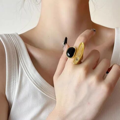 Asymmetry Black Agate Ring for Women Minimalist Open Wrap Thumb Band Gold-Tone Plated Adjustable Promise Rings Comfort Fit Wedding Fashion Unique Statement Eternity Jewelry in Saudi Arabia