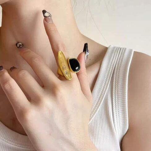 Asymmetry Black Agate Ring for Women Minimalist Open Wrap Thumb Band Gold-Tone Plated Adjustable Promise Rings Comfort Fit Wedding Fashion Unique Statement Eternity Jewelry in Saudi Arabia