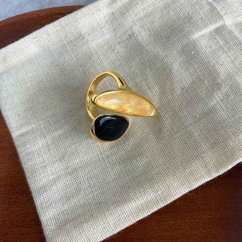 Asymmetry Black Agate Ring for Women Minimalist Open Wrap Thumb Band Gold-Tone Plated Adjustable Promise Rings Comfort Fit Wedding Fashion Unique Statement Eternity Jewelry in Saudi Arabia