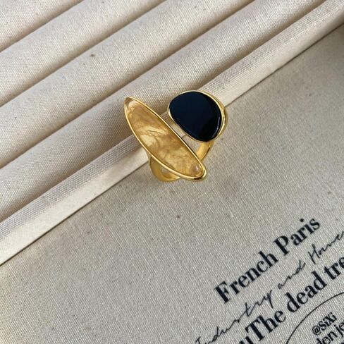 Asymmetry Black Agate Ring for Women Minimalist Open Wrap Thumb Band Gold-Tone Plated Adjustable Promise Rings Comfort Fit Wedding Fashion Unique Statement Eternity Jewelry in Saudi Arabia