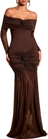 Off The Shoulder Maxi Dress,3D Flower Mermaid Ruched Dresses for Women,Elegant Formal Cocktail Holiday Gowns in Saudi Arabia