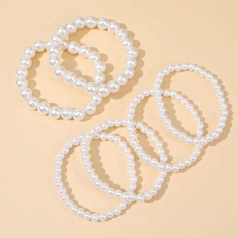 6 Pcs Pearl Bracelet Stack White Pearl Stretch Bracelets For Women Stackable Elastic Beaded Bracelet For Women Bridesmaid Bridal Wedding Jewelry in Saudi Arabia