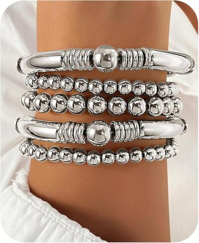 Gold Silver Bracelets for Women Beaded Strand Bead Ball Bracelets stack Adjustable Bracelets Set in Saudi Arabia