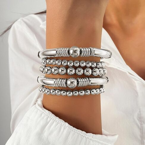 Gold Silver Bracelets for Women Beaded Strand Bead Ball Bracelets stack Adjustable Bracelets Set in Saudi Arabia