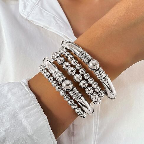 Gold Silver Bracelets for Women Beaded Strand Bead Ball Bracelets stack Adjustable Bracelets Set in Saudi Arabia