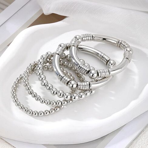 Gold Silver Bracelets for Women Beaded Strand Bead Ball Bracelets stack Adjustable Bracelets Set in Saudi Arabia