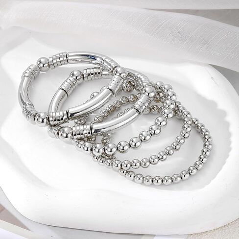 Gold Silver Bracelets for Women Beaded Strand Bead Ball Bracelets stack Adjustable Bracelets Set in Saudi Arabia
