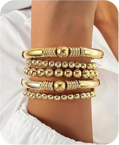 Gold Silver Bracelets for Women Beaded Strand Bead Ball Bracelets stack Adjustable Bracelets Set in Saudi Arabia