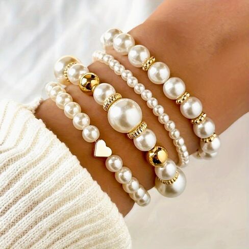 Gold/Silver-Fashion Heart Pearl Layered Bracelet Set, Elegant Stackable Beaded Hand Jewelry for Women in Saudi Arabia