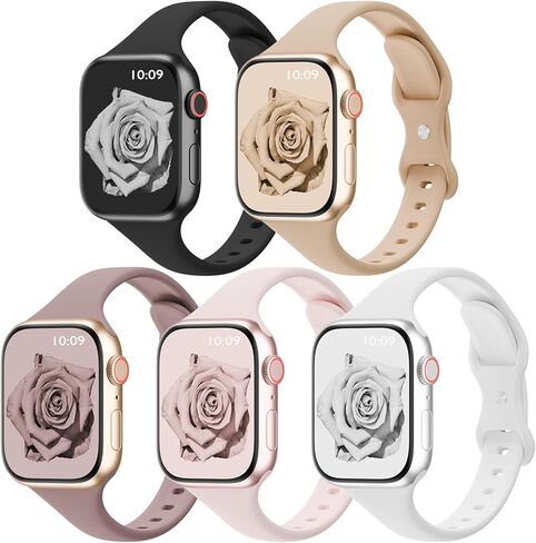 5 عبوات من الأربطة الرفيعة المصنوعة من السيليكون المتوافقة مع سوار ساعة Apple 38 مم 42 مم 40 مم 44 مم 41 مم 45 مم 46 مم 49 مم، حزام رياضي رفيع ناعم وضيق لساعة iWatch Ultra 3 2 1 Series 11/10/9/8/7/SE/6/5/4 للنساء والرجال in Kuwait