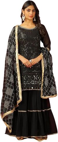 Maharaja Craft Women's Faux Georgette Embroidered Traditional Straight Kurta with Sharara and Dupatta Set in Saudi Arabia