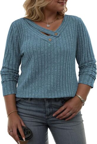 VISLILY Womens-Plus-Size-Tops Trendy V Neck Casual Long Sleeve Shirts Lightweight Knit Sweaters Button Decor Tunics Blouses in Saudi Arabia