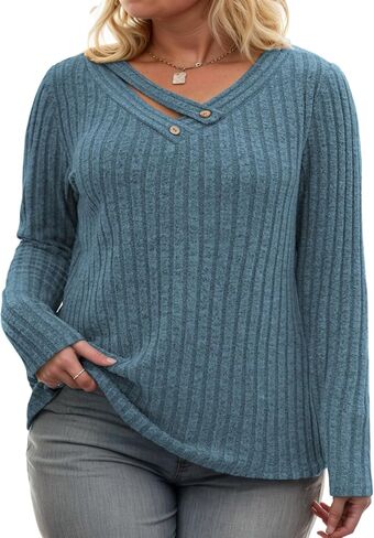 VISLILY Womens-Plus-Size-Tops Trendy V Neck Casual Long Sleeve Shirts Lightweight Knit Sweaters Button Decor Tunics Blouses in Saudi Arabia