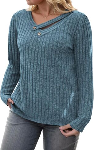 VISLILY Womens-Plus-Size-Tops Trendy V Neck Casual Long Sleeve Shirts Lightweight Knit Sweaters Button Decor Tunics Blouses in Saudi Arabia