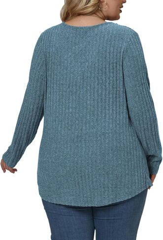 VISLILY Womens-Plus-Size-Tops Trendy V Neck Casual Long Sleeve Shirts Lightweight Knit Sweaters Button Decor Tunics Blouses in Saudi Arabia