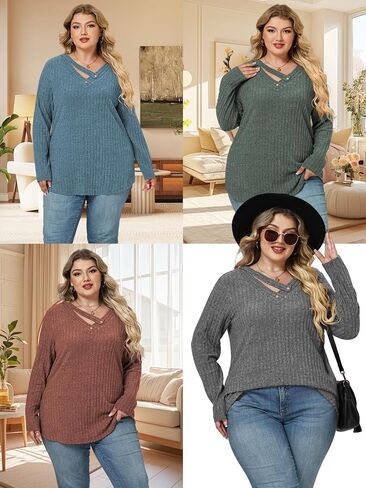 VISLILY Womens-Plus-Size-Tops Trendy V Neck Casual Long Sleeve Shirts Lightweight Knit Sweaters Button Decor Tunics Blouses in Saudi Arabia