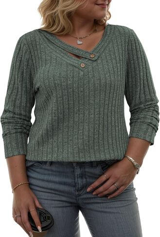 VISLILY Womens-Plus-Size-Tops Trendy V Neck Casual Long Sleeve Shirts Lightweight Knit Sweaters Button Decor Tunics Blouses in Saudi Arabia
