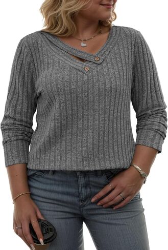 VISLILY Womens-Plus-Size-Tops Trendy V Neck Casual Long Sleeve Shirts Lightweight Knit Sweaters Button Decor Tunics Blouses in Saudi Arabia