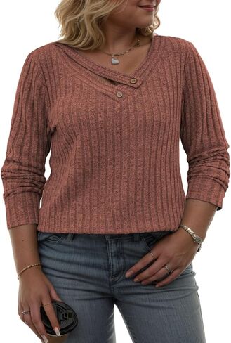 VISLILY Womens-Plus-Size-Tops Trendy V Neck Casual Long Sleeve Shirts Lightweight Knit Sweaters Button Decor Tunics Blouses in Saudi Arabia