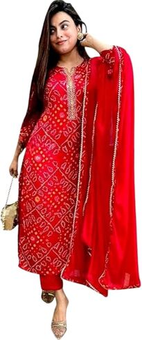 Women's Tunic Dress for Women - Red Rayon Embroidered Sequence Kurta Set in Saudi Arabia
