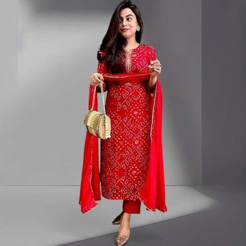 Women's Tunic Dress for Women - Red Rayon Embroidered Sequence Kurta Set in Saudi Arabia
