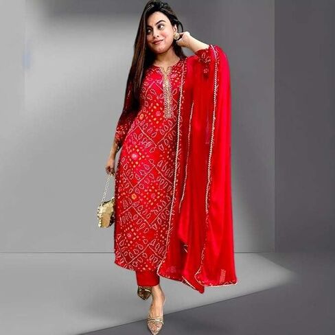 Women's Tunic Dress for Women - Red Rayon Embroidered Sequence Kurta Set in Saudi Arabia
