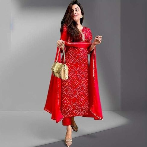 Women's Tunic Dress for Women - Red Rayon Embroidered Sequence Kurta Set in Saudi Arabia