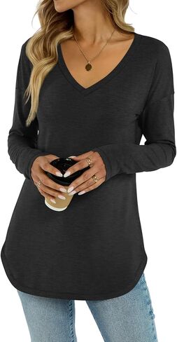 Womens Deep V Neck Tunic Tops Fall Long Sleeve Shirts Casual Loose Fit Curved Hem Clothes 2025 in Saudi Arabia
