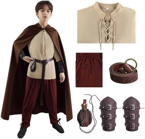 Medieval Viking Costume for Kids Halloween Pirate Outfit Set with Shirt Pants Belt Pouch Wrist Guards in Saudi Arabia