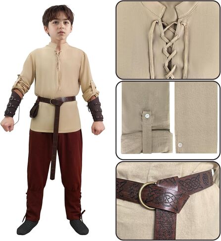 Medieval Viking Costume for Kids Halloween Pirate Outfit Set with Shirt Pants Belt Pouch Wrist Guards in Saudi Arabia