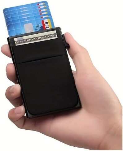 Men’s Slim RFID Wallet – Minimalist Pop-Up Card Holder with Money Pocket, Metal Case for Cards, Cash & Coins (S-1 Black) in Saudi Arabia