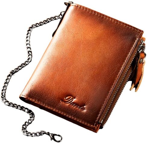 محفظة مع سلسلة للرجال والنساء من الجلد الطبيعي RFID محفظة ثنائية الطي مع سلسلة، جيب للعملات المعدنية بسحاب، حامل بطاقة الائتمان، نافذة شفافة لبطاقة الهوية لرخصة القيادة طراز الهيب هوب لراكبي الدراجات النارية (أسود) in Kuwait