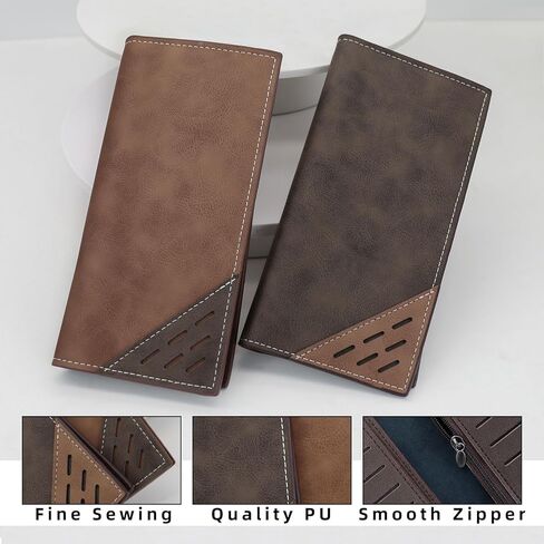 Long Wallet for Men, Contrasting Bifold Wallets with 12 Card Slots, 2 Cash Slots, ID Window and Zippered Coin Pocket, Credit Card Wallet for Suits and Daily Use (Deep Coffee) in Saudi Arabia
