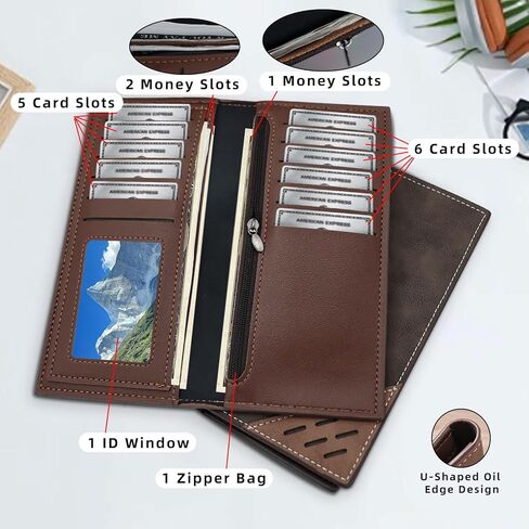 Long Wallet for Men, Contrasting Bifold Wallets with 12 Card Slots, 2 Cash Slots, ID Window and Zippered Coin Pocket, Credit Card Wallet for Suits and Daily Use (Deep Coffee) in Saudi Arabia
