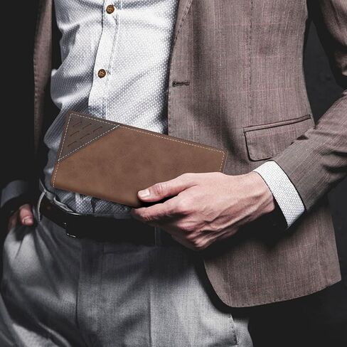 Long Wallet for Men, Contrasting Bifold Wallets with 12 Card Slots, 2 Cash Slots, ID Window and Zippered Coin Pocket, Credit Card Wallet for Suits and Daily Use (Deep Coffee) in Saudi Arabia
