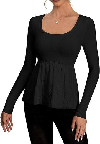 Women's Scoop Neck Peplum Sweater Long Sleeve Cable Knit Dressy Casual Pullover Tops in Saudi Arabia