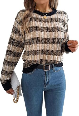 سترة خريف وشتاء للنساء كبيرة الحجم مخططة بألوان متعددة وأكمام طويلة بلوفر منسوج ملابس جمالية عتيقة in Kuwait