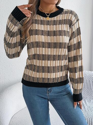 Fall Winter Sweater for Women Oversized Striped Color Block Long Sleeve Knit Pullover Tops Vintage Aesthetic Clothes in Saudi Arabia