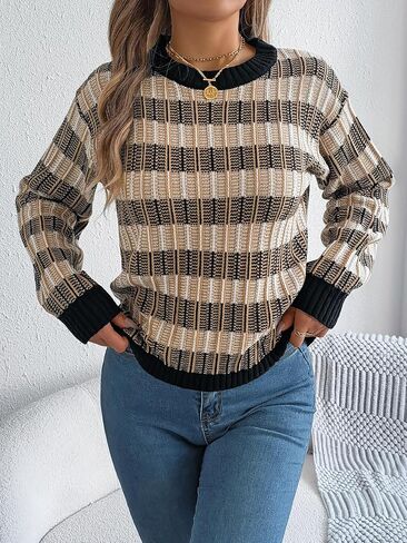 Fall Winter Sweater for Women Oversized Striped Color Block Long Sleeve Knit Pullover Tops Vintage Aesthetic Clothes in Saudi Arabia