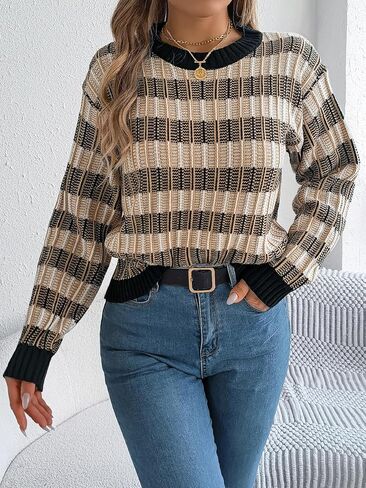 Fall Winter Sweater for Women Oversized Striped Color Block Long Sleeve Knit Pullover Tops Vintage Aesthetic Clothes in Saudi Arabia