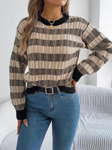 Fall Winter Sweater for Women Oversized Striped Color Block Long Sleeve Knit Pullover Tops Vintage Aesthetic Clothes in Saudi Arabia