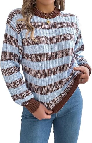 Fall Winter Sweater for Women Oversized Striped Color Block Long Sleeve Knit Pullover Tops Vintage Aesthetic Clothes in Saudi Arabia